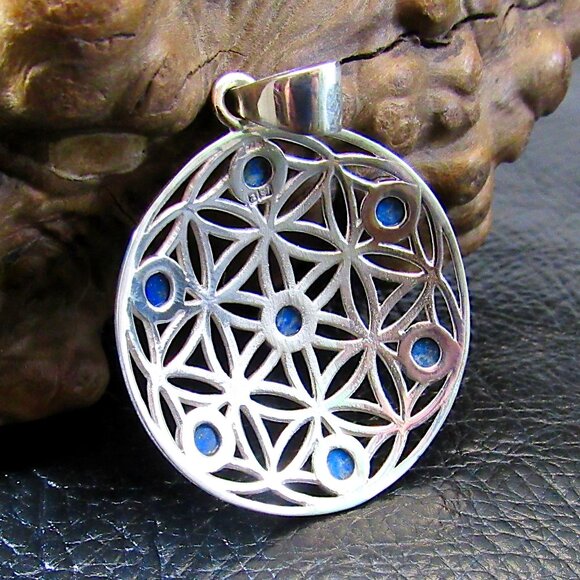 Solid 925 Sterling Silver Flower of Life Pendant with Lapis Lazuli Sacred Symbol - Picture 3 of 8